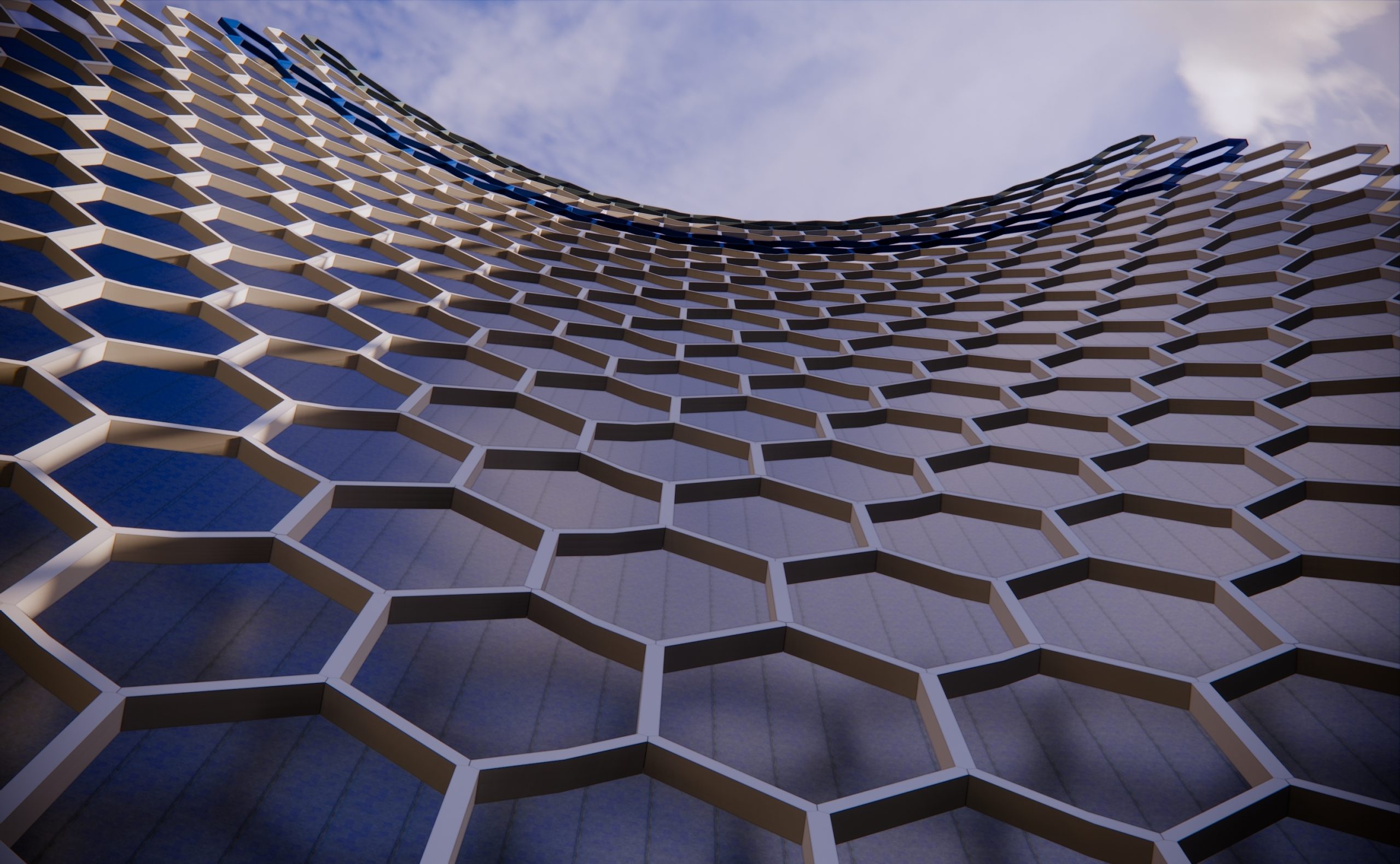 Exterior view of building with hexagon designs