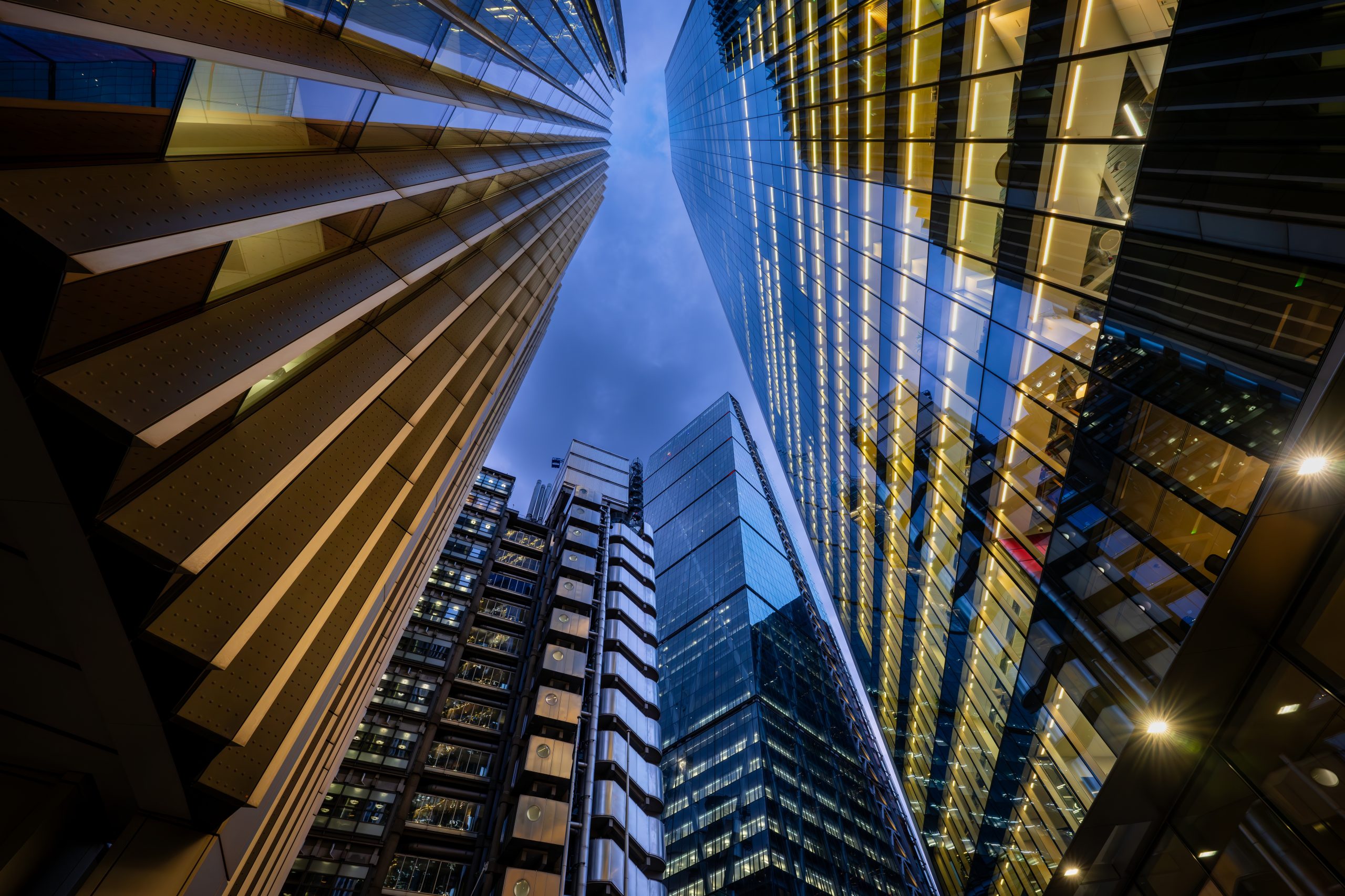 Skyscrapers in the City of London, with the Lloyd's building and the 'cheesegrater' visible